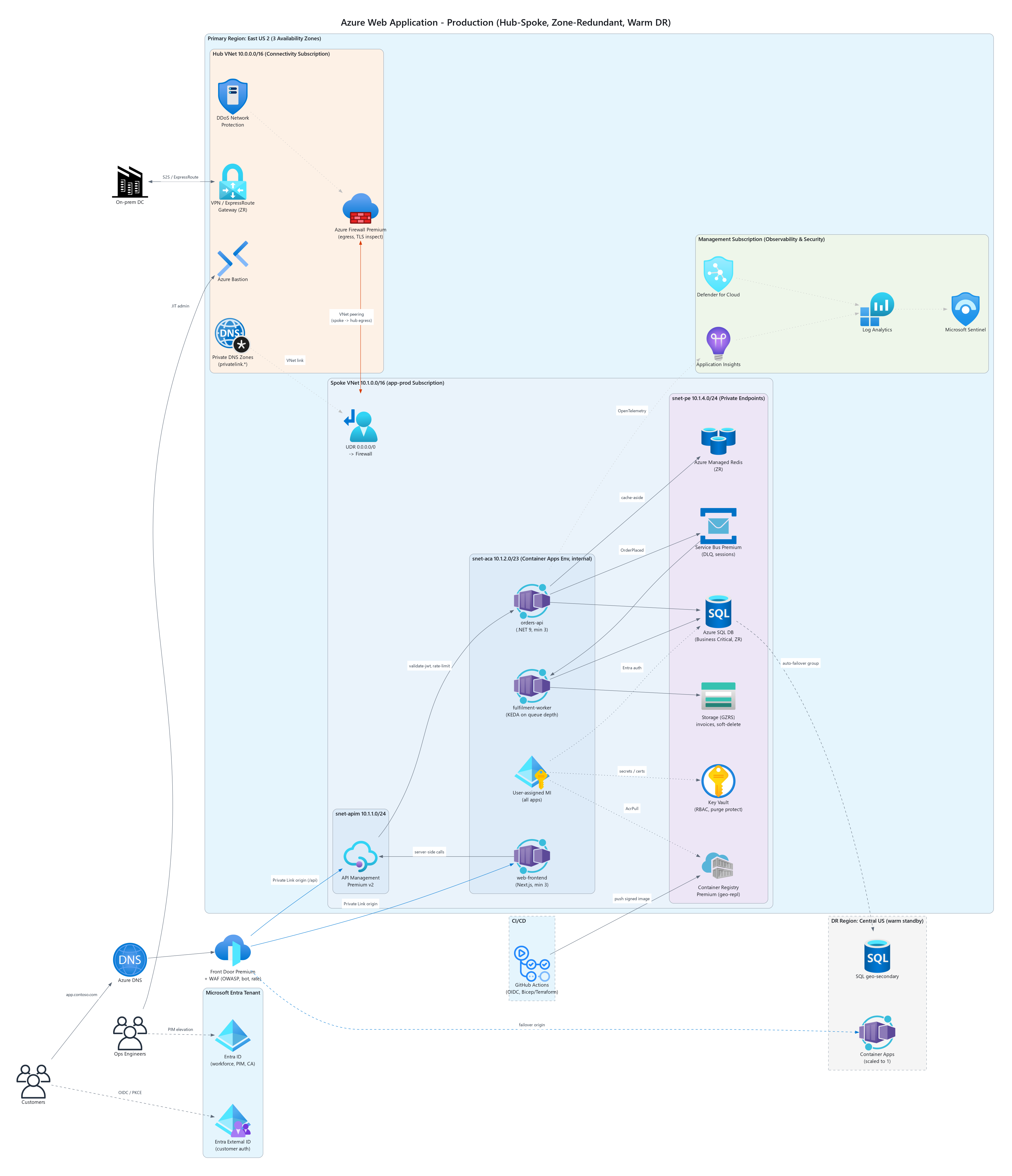 Azure の Web アプリ、ハブアンドスポーク