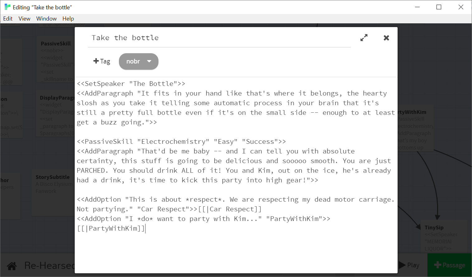 A Twine screenshot with the "nobr" tag and a few paragraphs of text using the macros