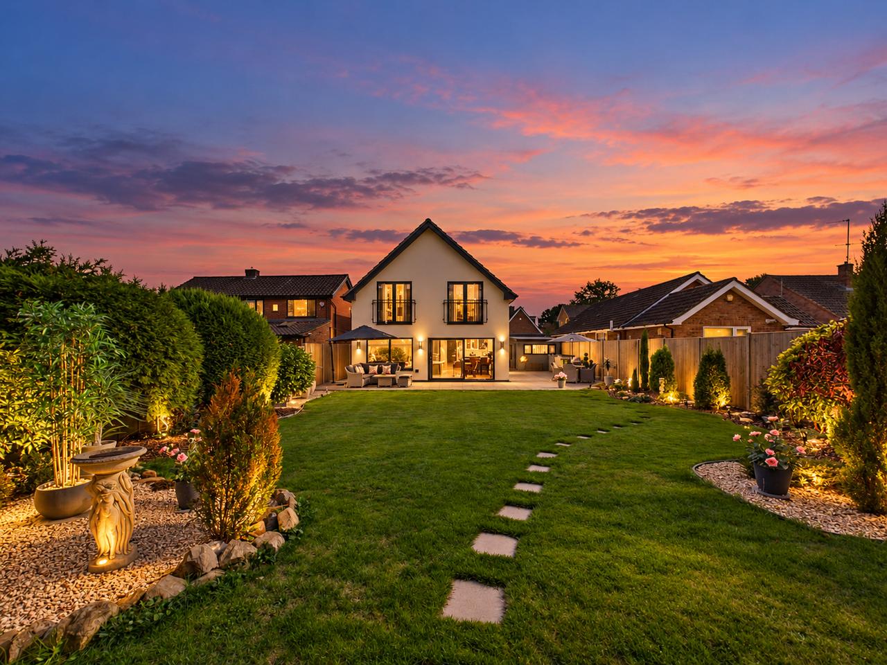 Whalley Drive, Bletchley — rear elevation and landscaped lawned garden at twilight