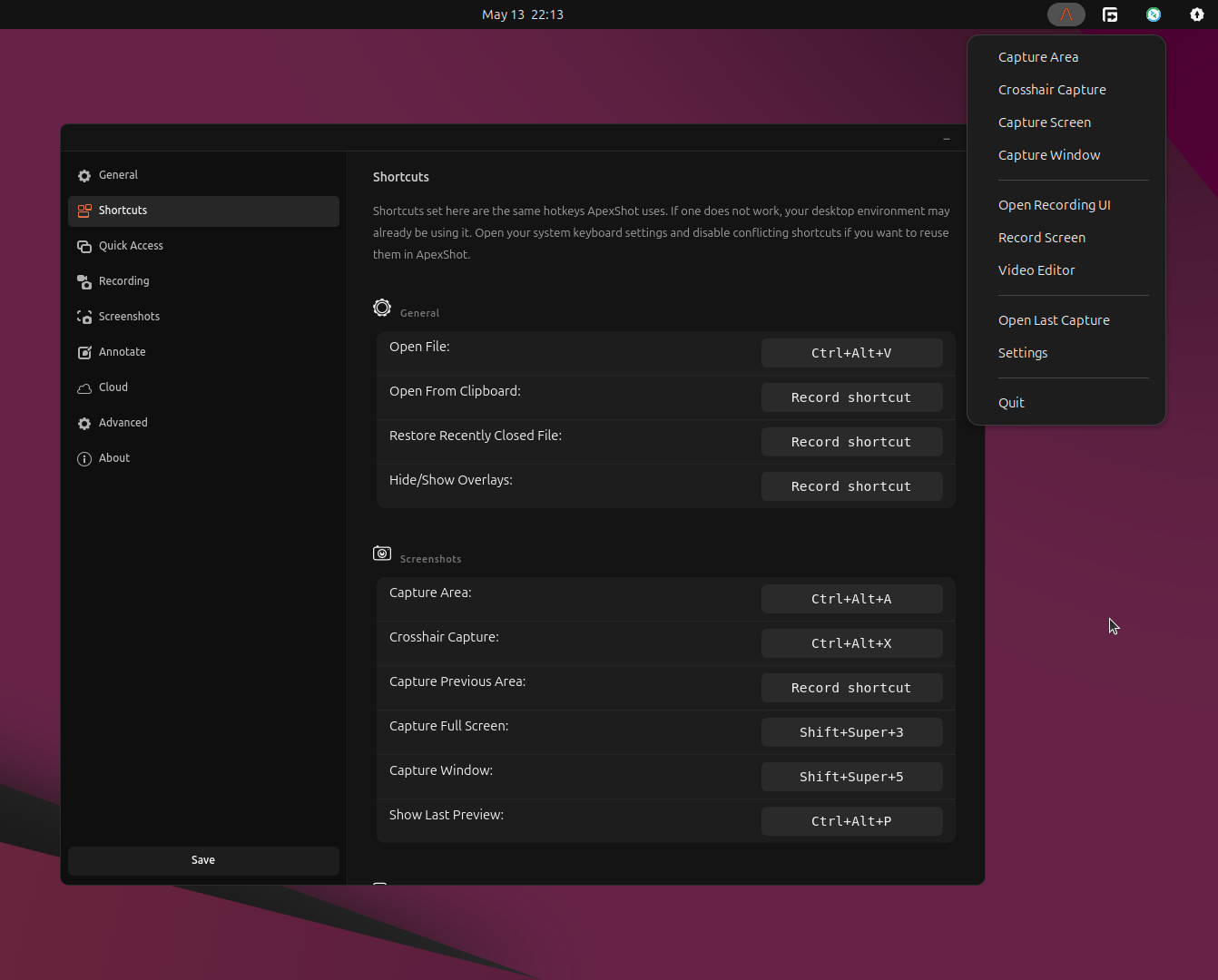 Settings and tray