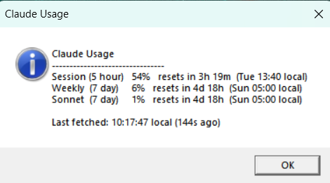 Claude Usage modal showing Session 54%, Weekly 6%, Sonnet 1%, with reset times and last-fetched timestamp