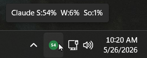Tray icon next to the Windows clock with a hover tooltip showing 'Claude S:54% W:6% So:1%'