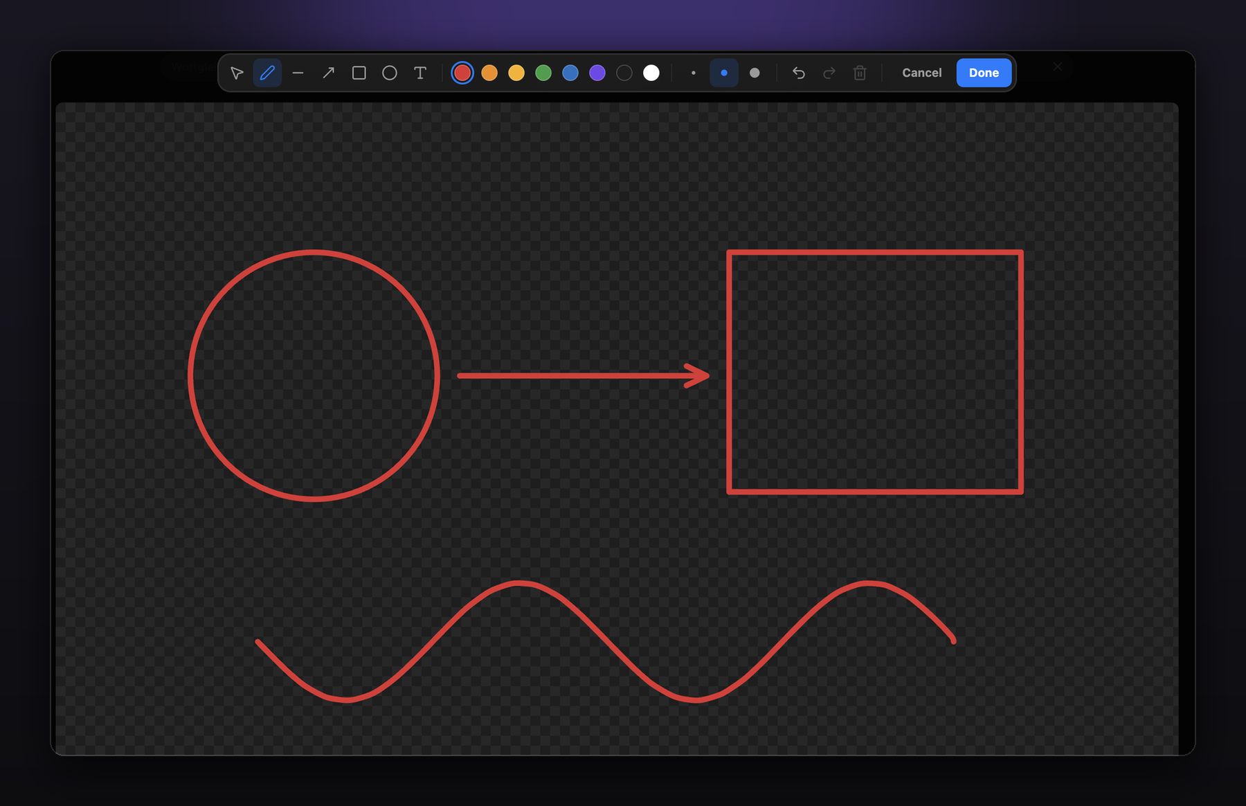 Scribe's editor over a transparent sheet: the toolbar with tools, colours and widths, and a circle, an arrow, a box and a freehand line drawn in red