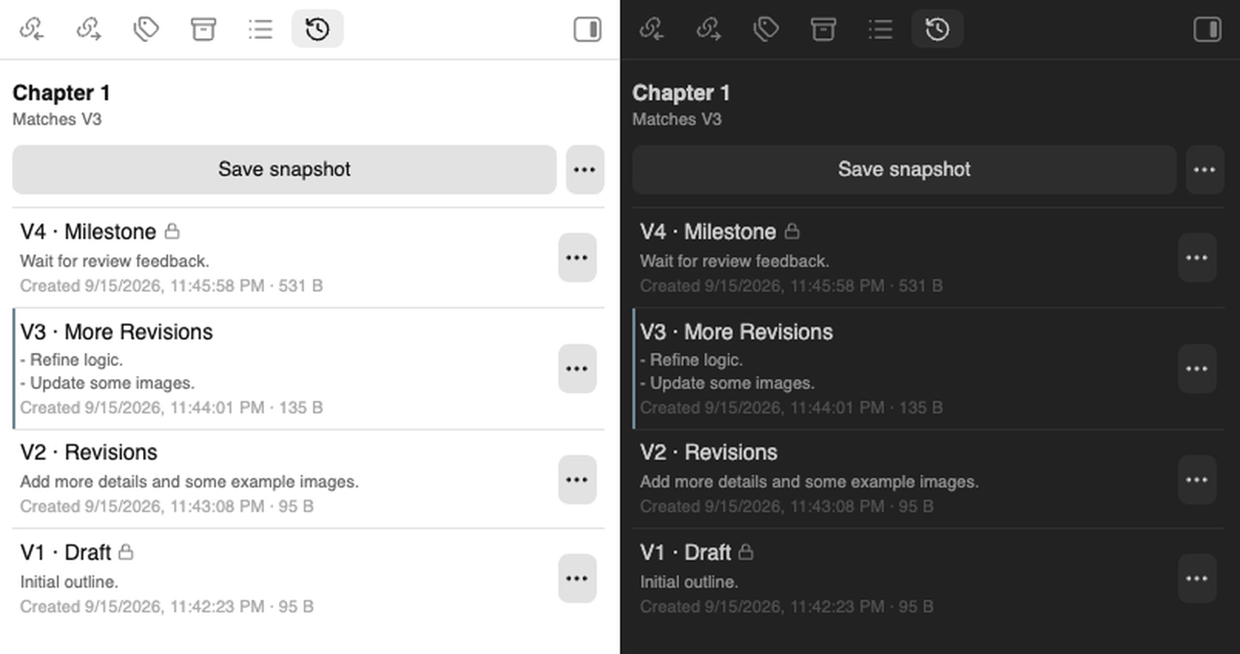 Snapshot history sidebar in light and dark mode