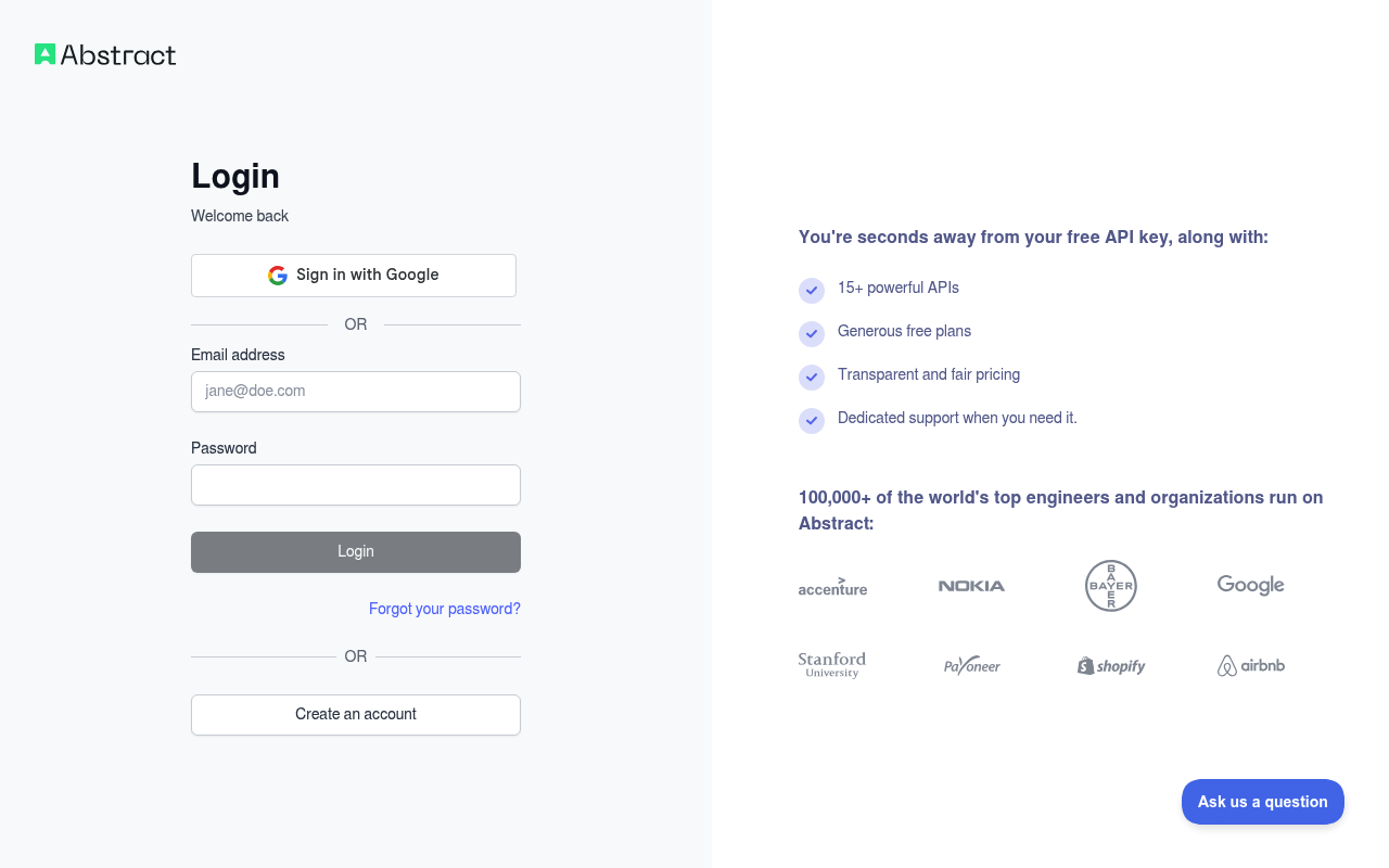 Abstract API website screenshot