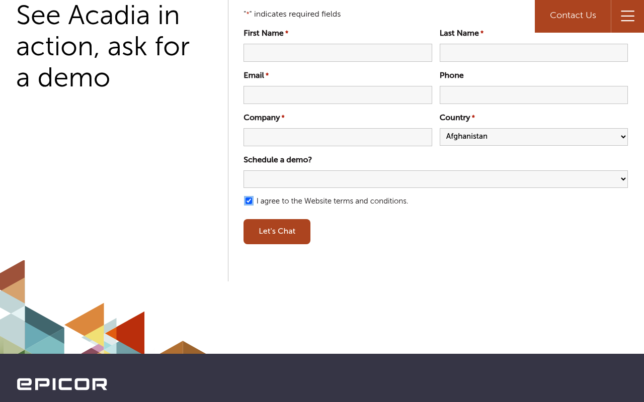 Acadia website screenshot