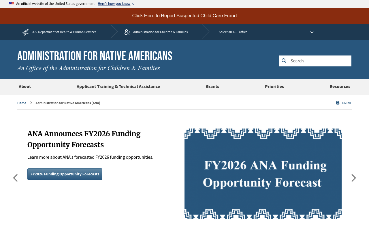 Administration for Native Americans (ANA) website screenshot