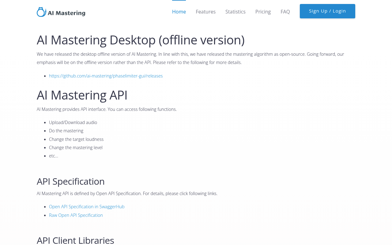 AI Mastering website screenshot