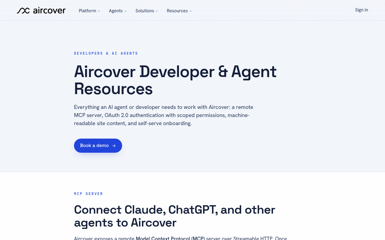 Aircover website screenshot