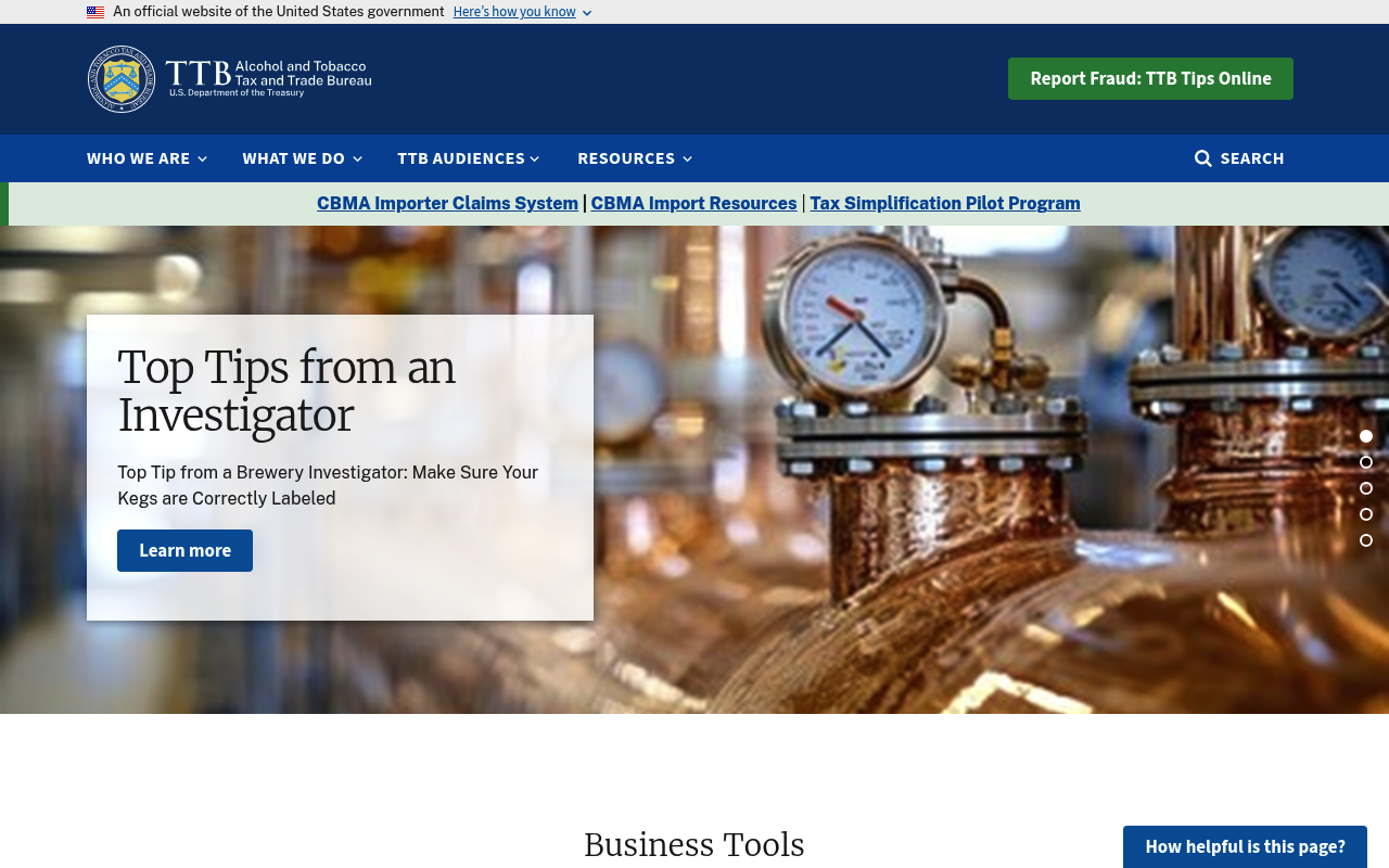 Alcohol and Tobacco Tax and Trade Bureau website screenshot