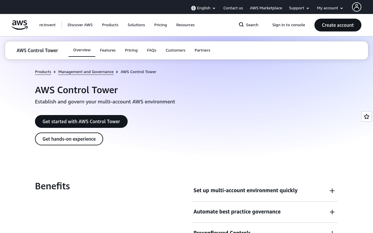 Amazon Control Tower website screenshot