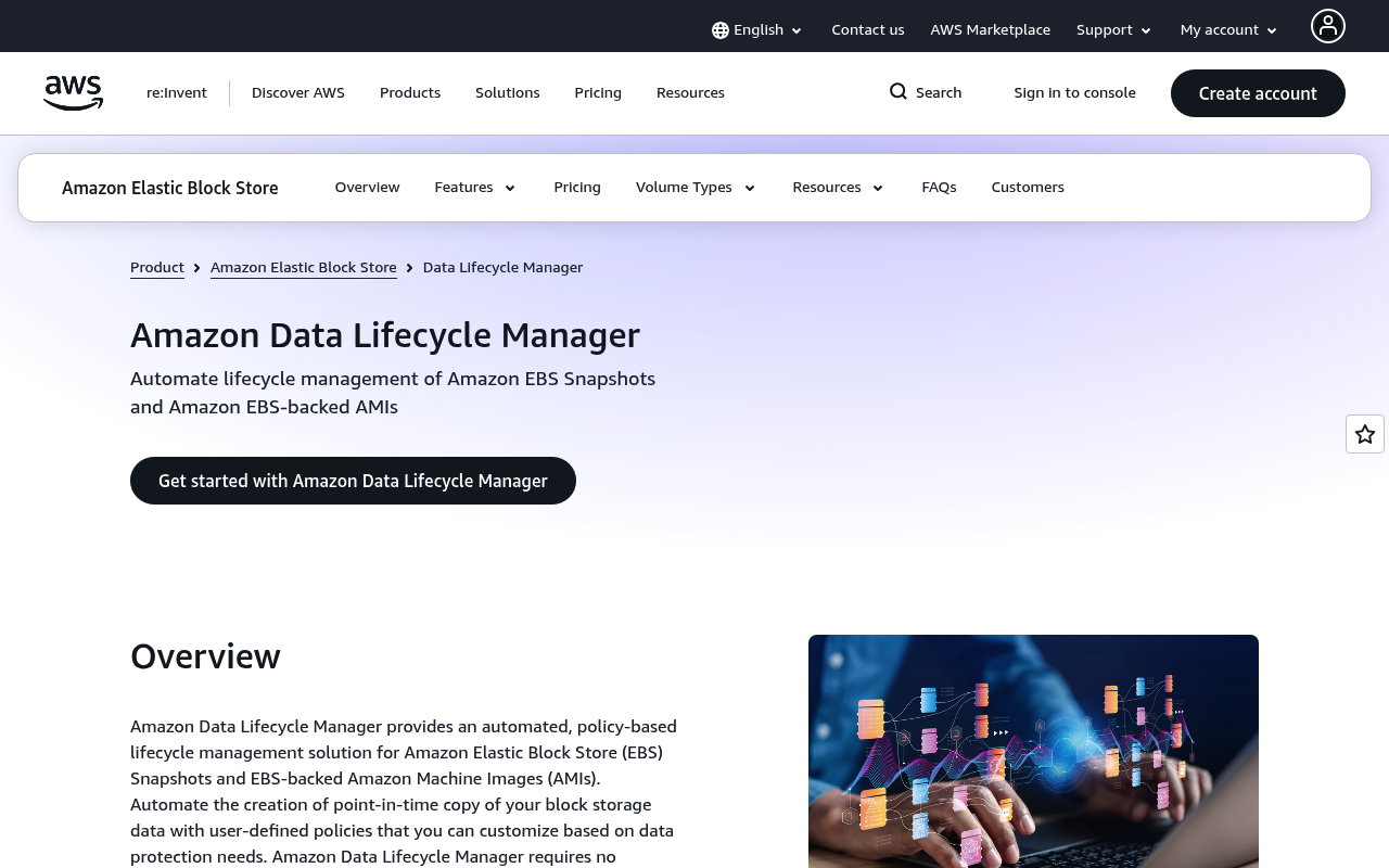 Amazon Data Lifecycle Manager website screenshot