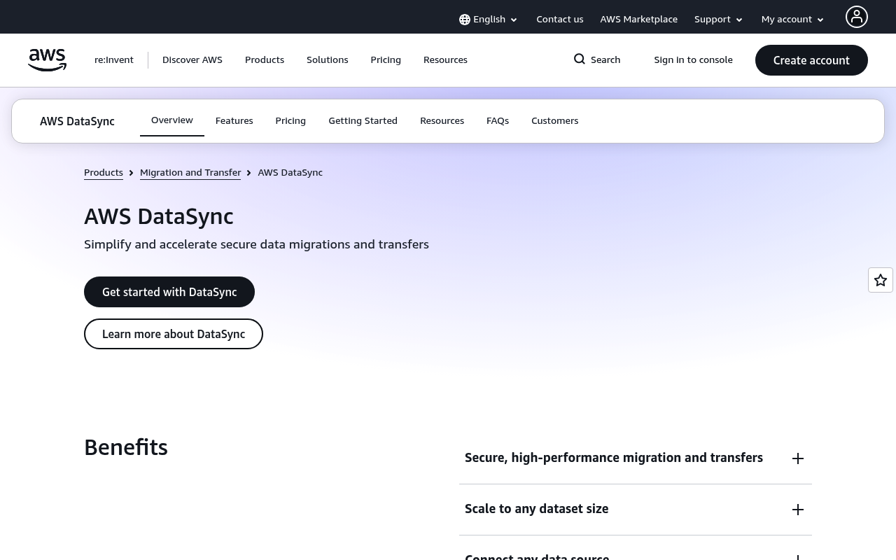 Amazon DataSync website screenshot