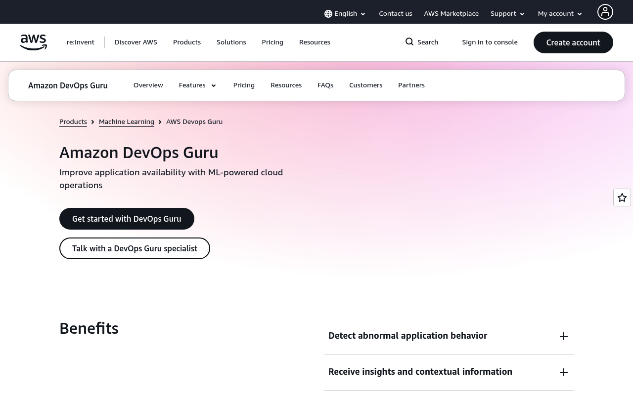 Amazon DevOps Guru website screenshot