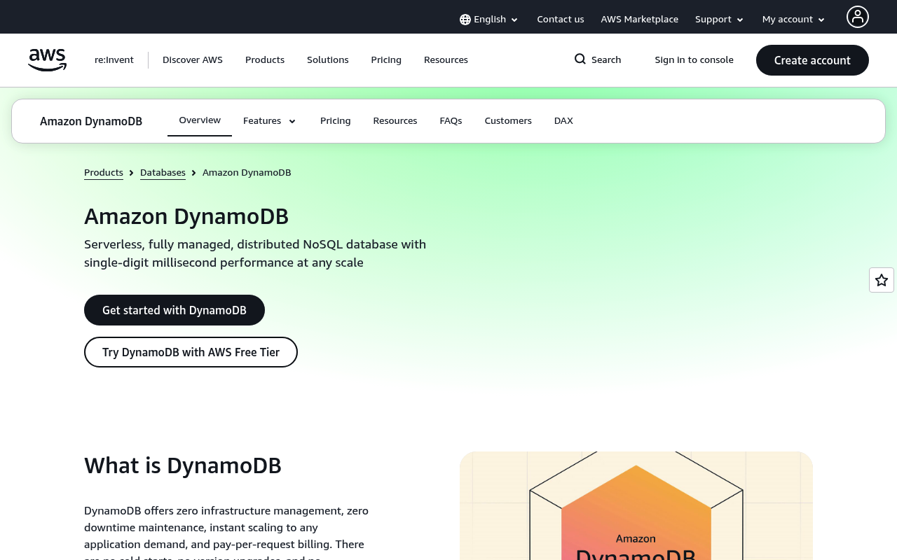 Amazon DynamoDB website screenshot