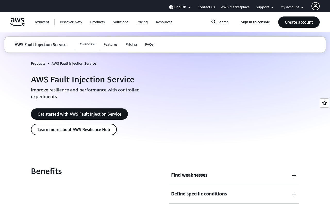 Amazon Fault Injection Simulator website screenshot