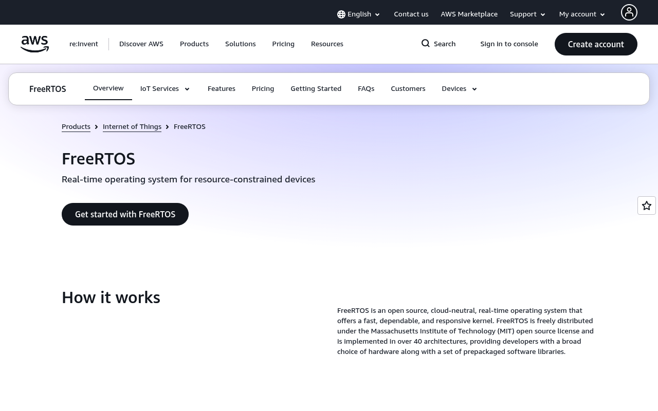 Amazon FreeRTOS website screenshot