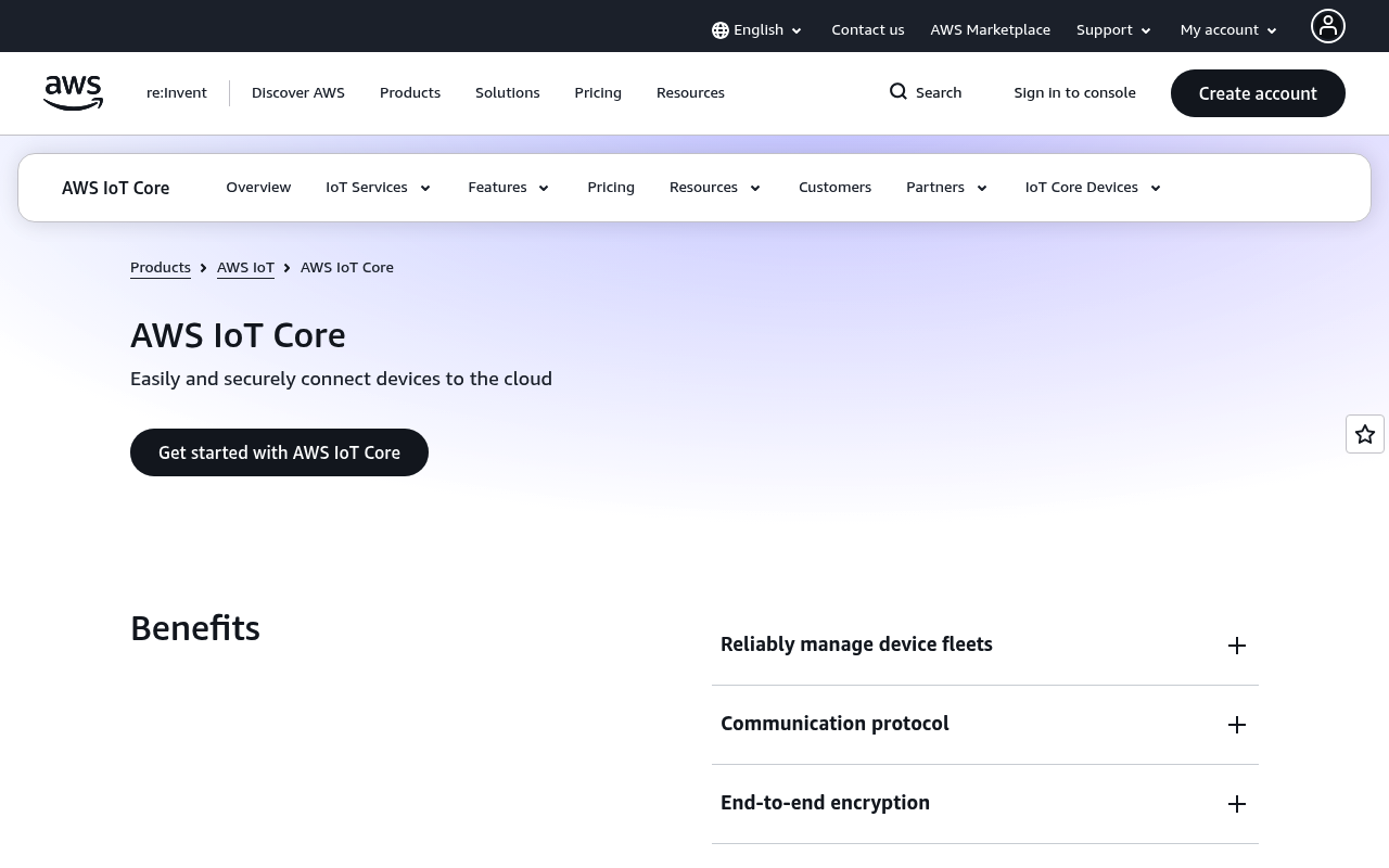 Amazon IoT Core website screenshot