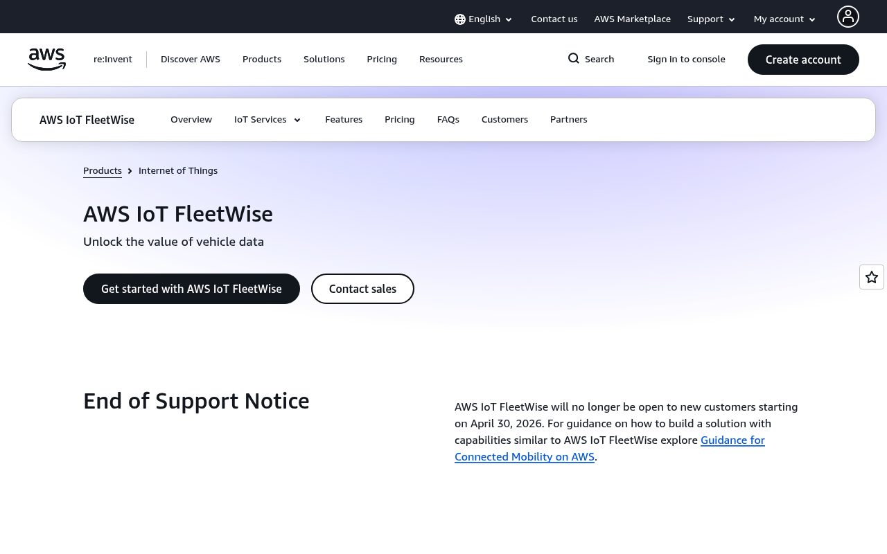 Amazon IoT FleetWise website screenshot