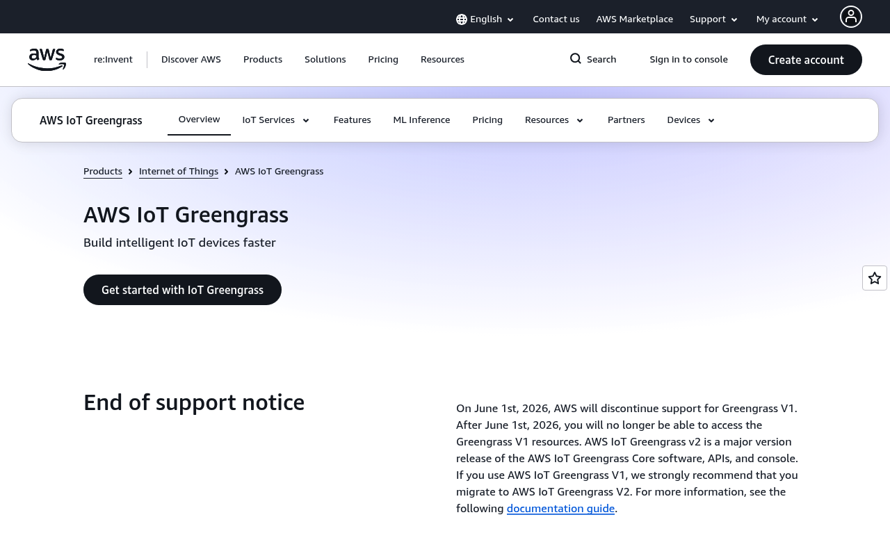 Amazon IoT Greengrass website screenshot