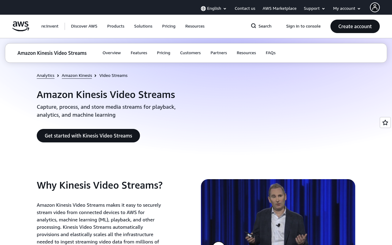 Amazon Kinesis Video Streams website screenshot