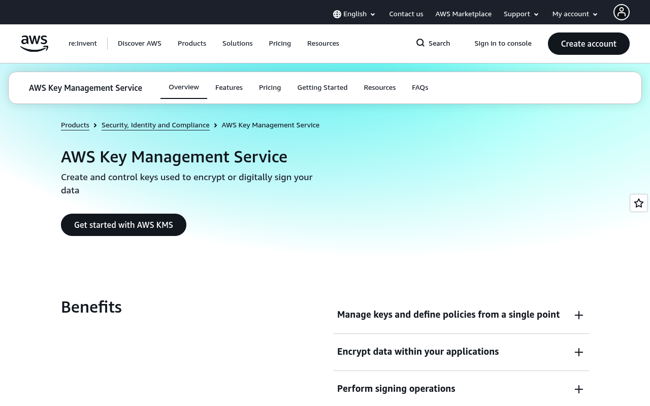 Amazon KMS website screenshot