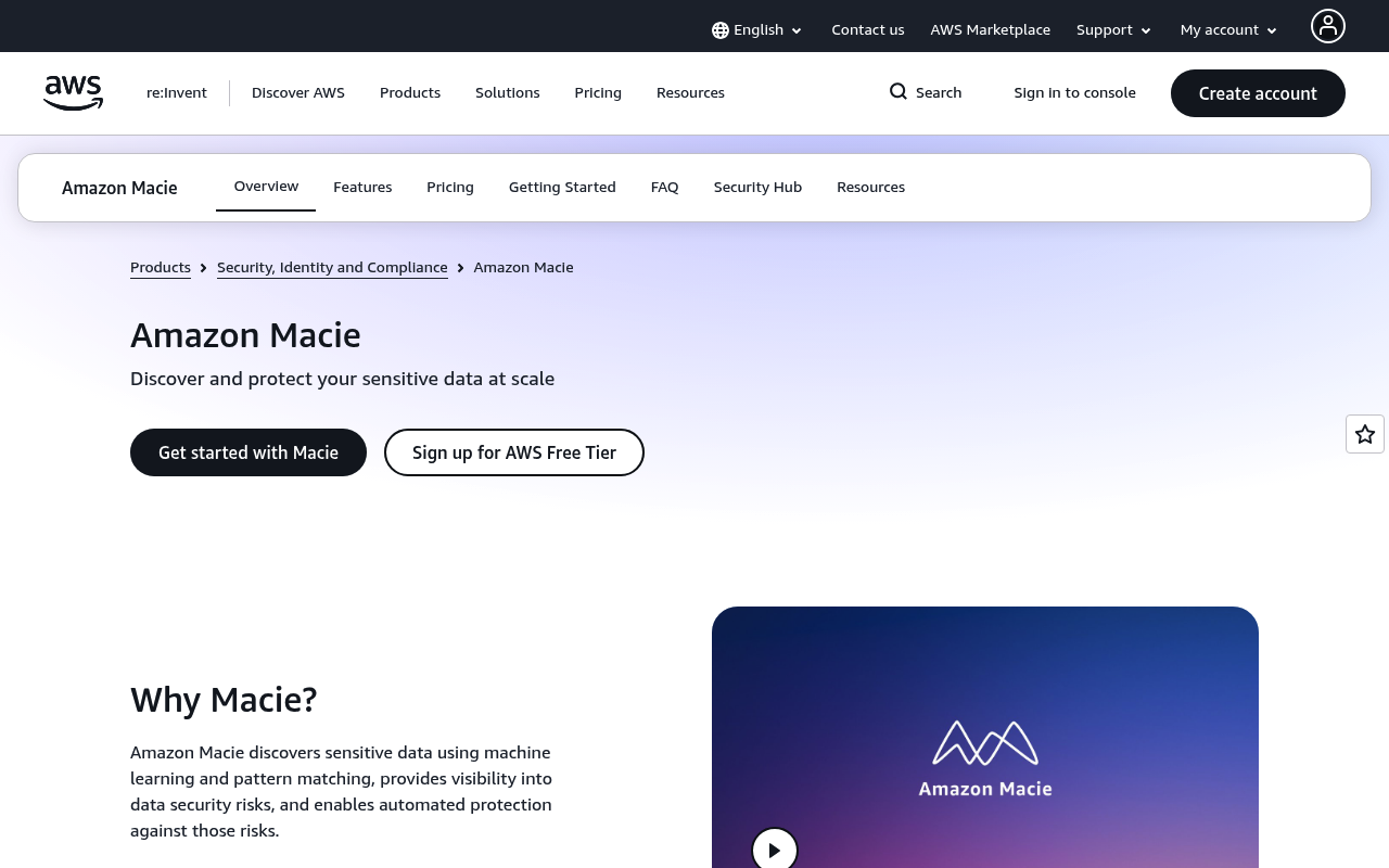 Amazon Macie website screenshot
