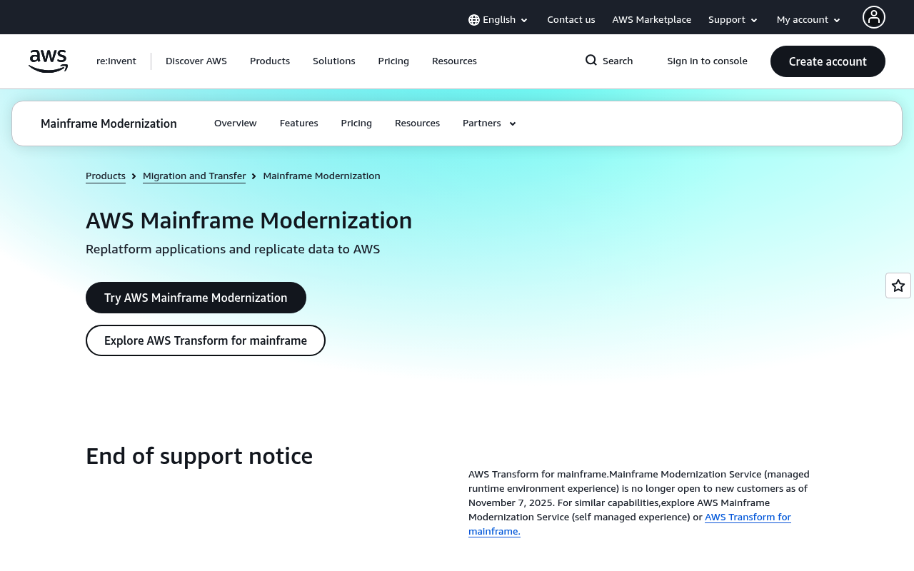 Amazon Mainframe Modernization website screenshot