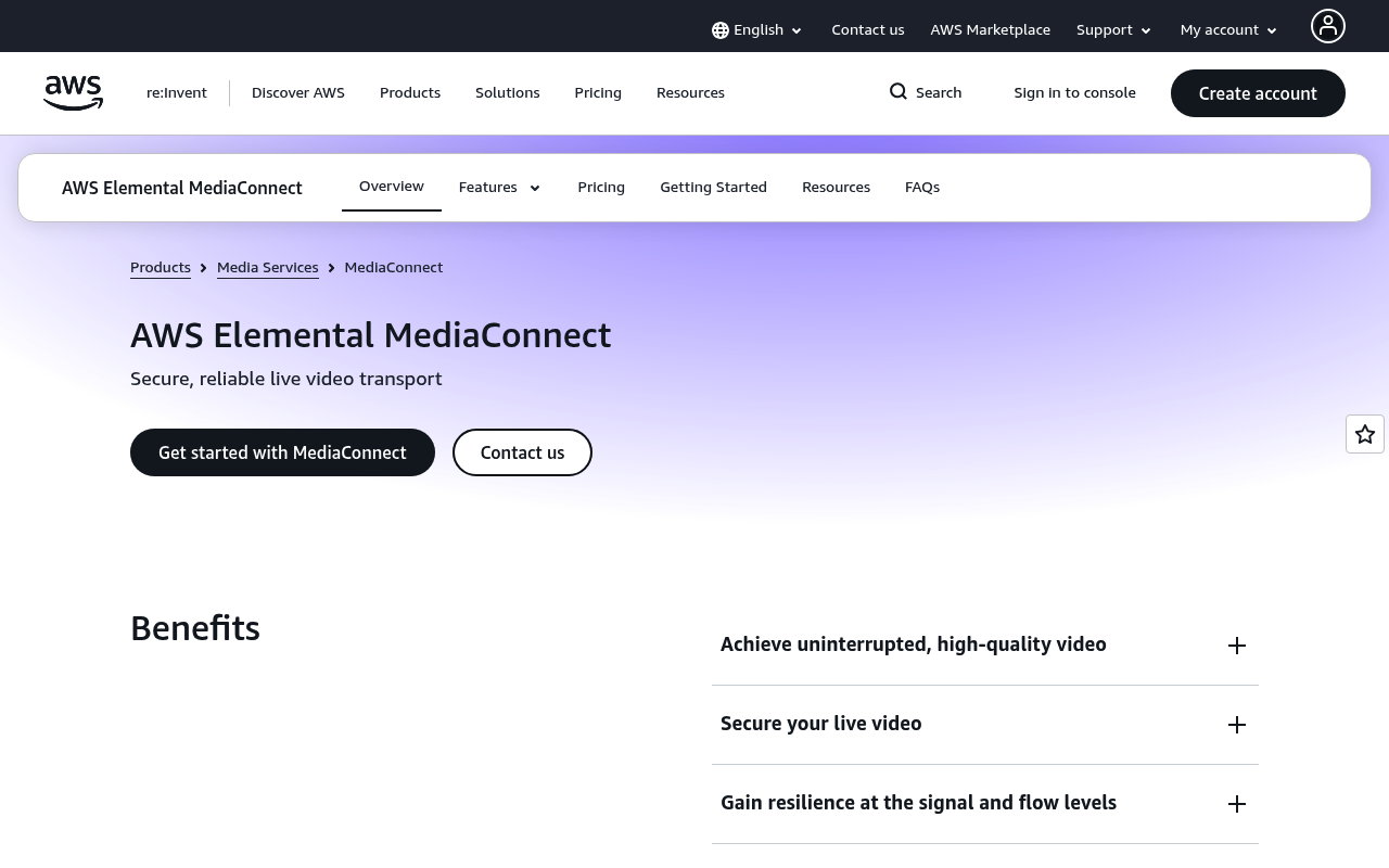 Amazon MediaConnect website screenshot