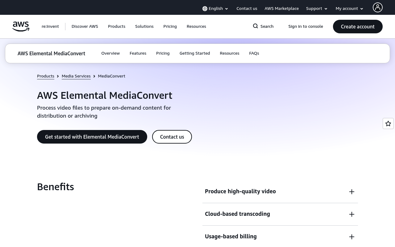 Amazon MediaConvert website screenshot