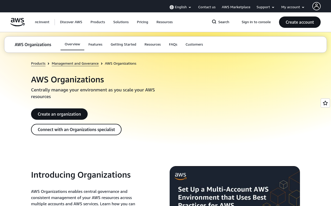 Amazon Organizations website screenshot