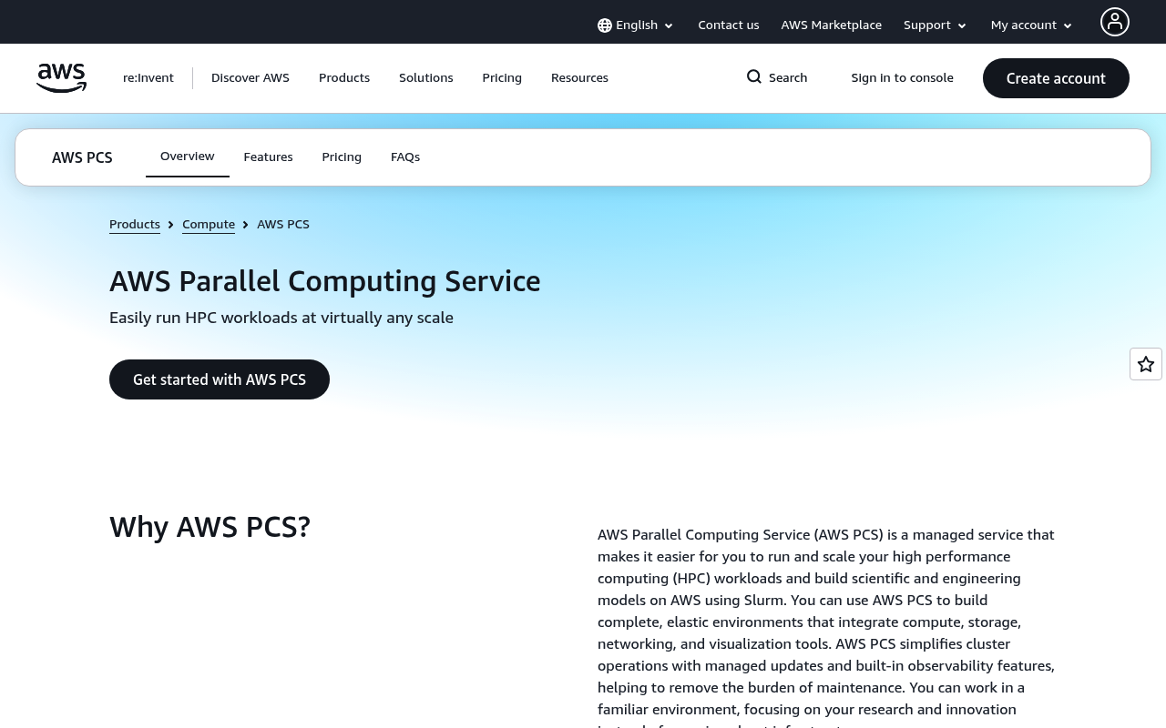 Amazon Parallel Computing Service website screenshot