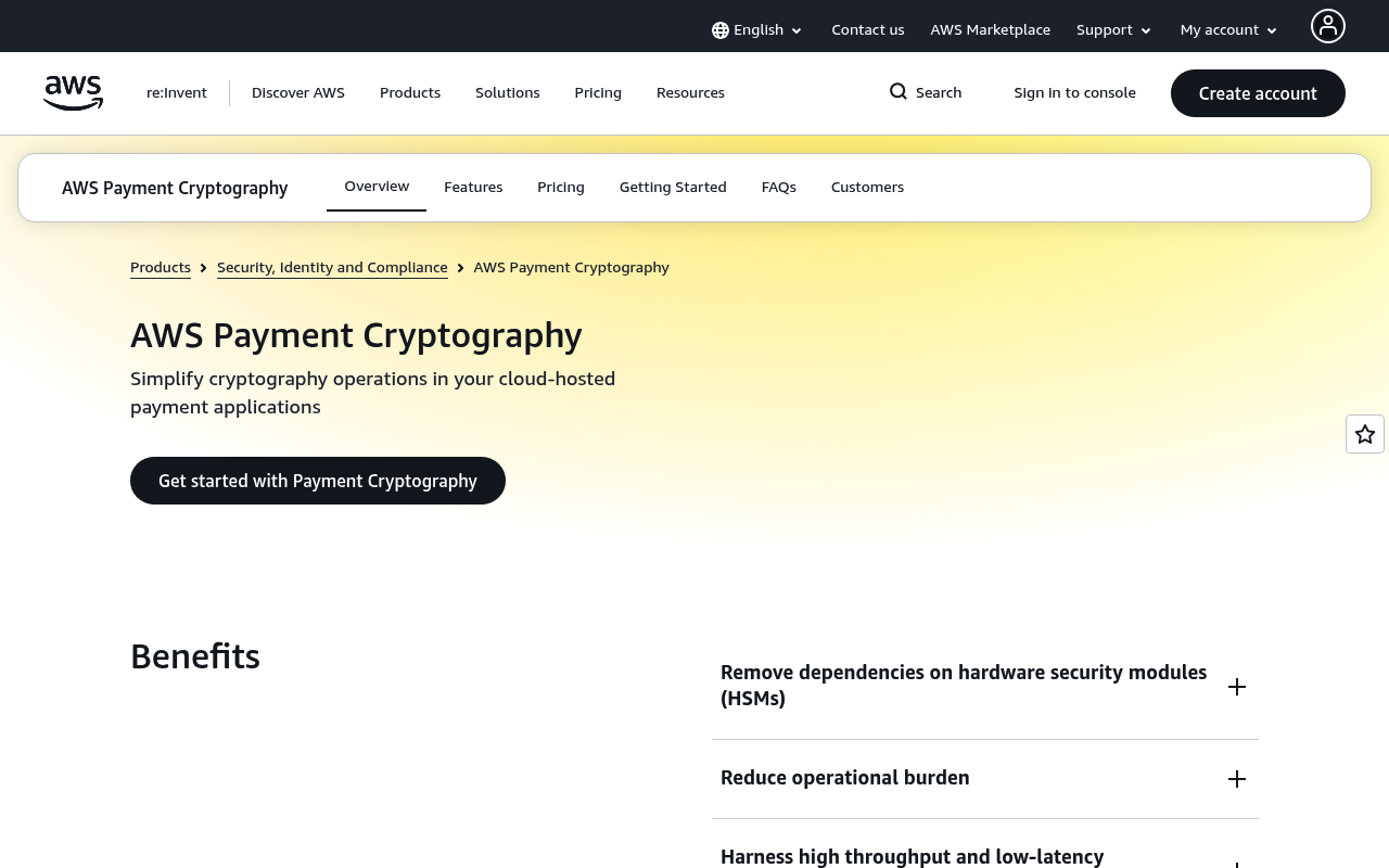 Amazon Payment Cryptography website screenshot