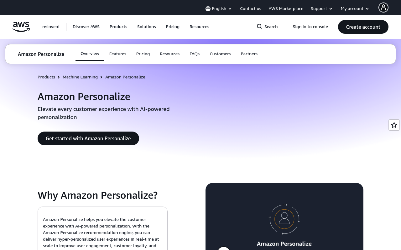 Amazon Personalize website screenshot