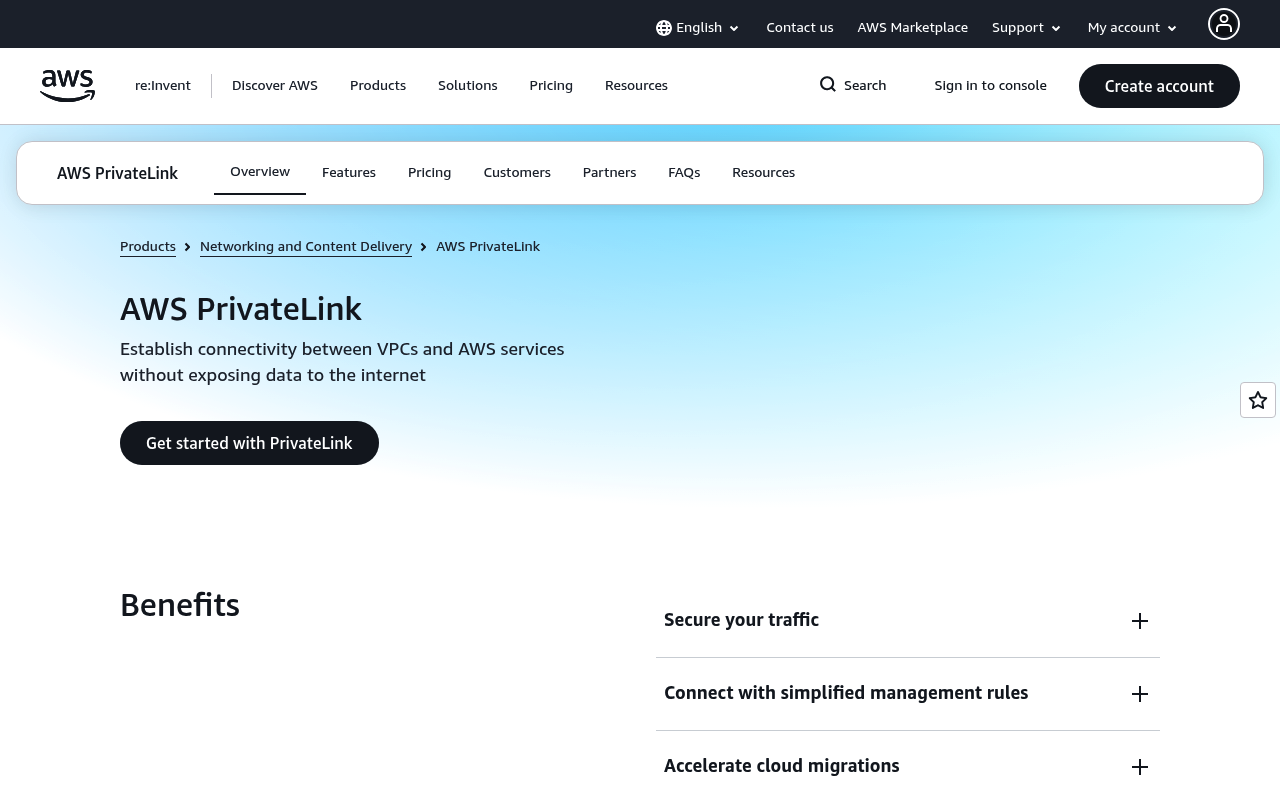 Amazon PrivateLink website screenshot
