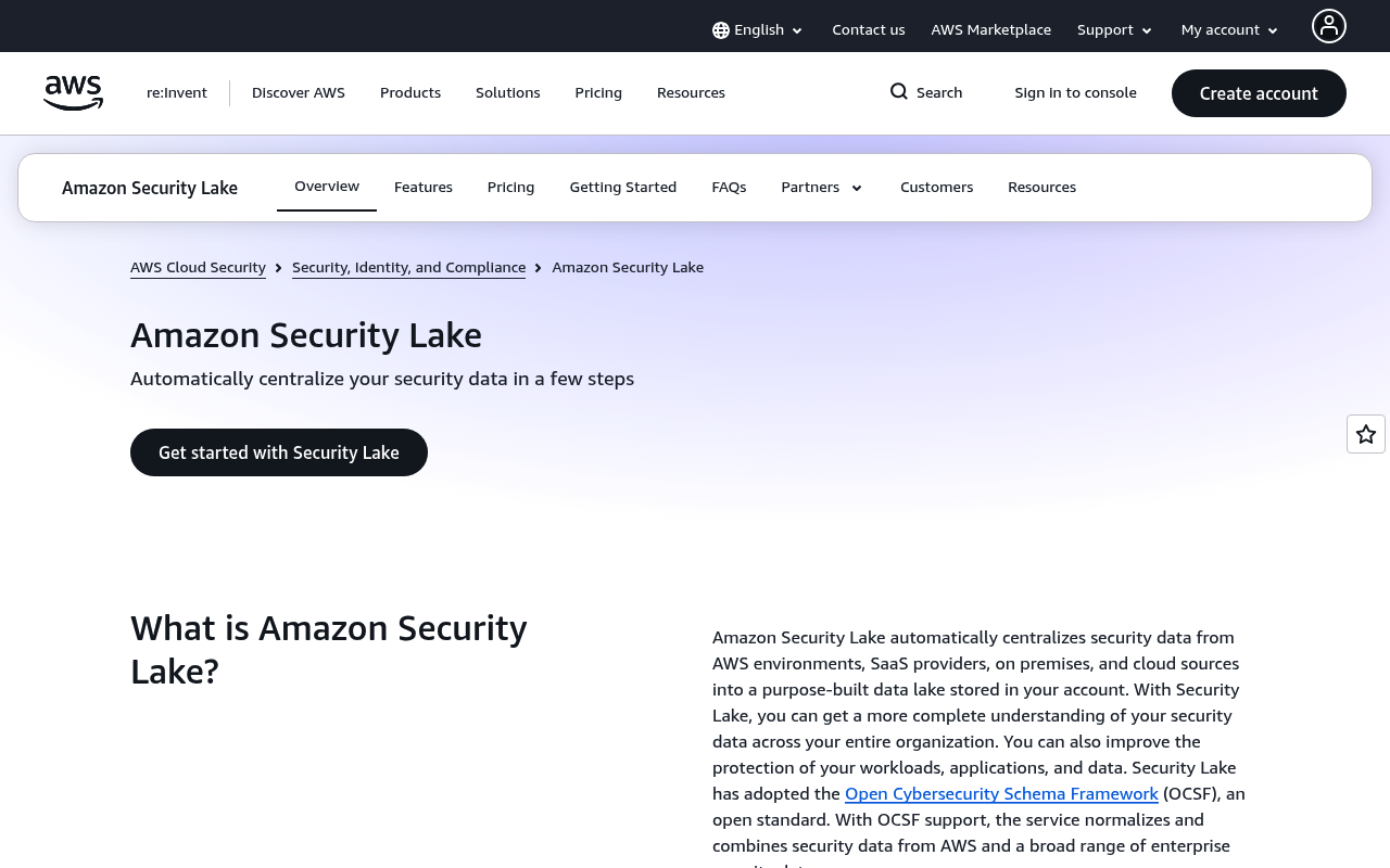 Amazon Security Lake website screenshot