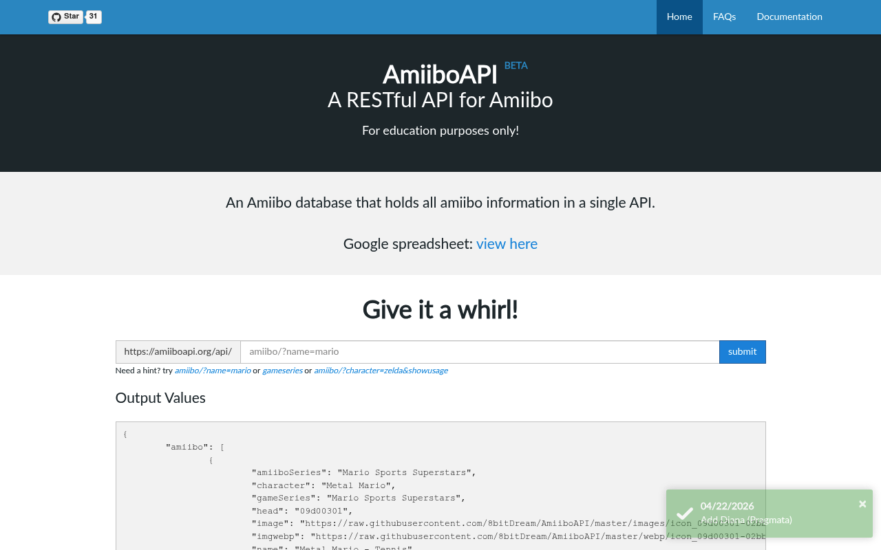 Amiibo API website screenshot
