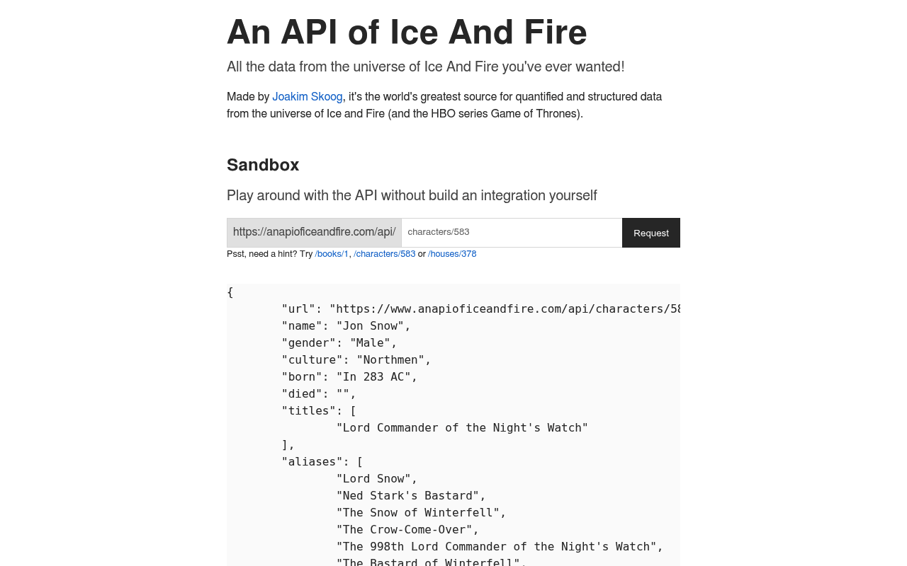 An API of Ice And Fire website screenshot
