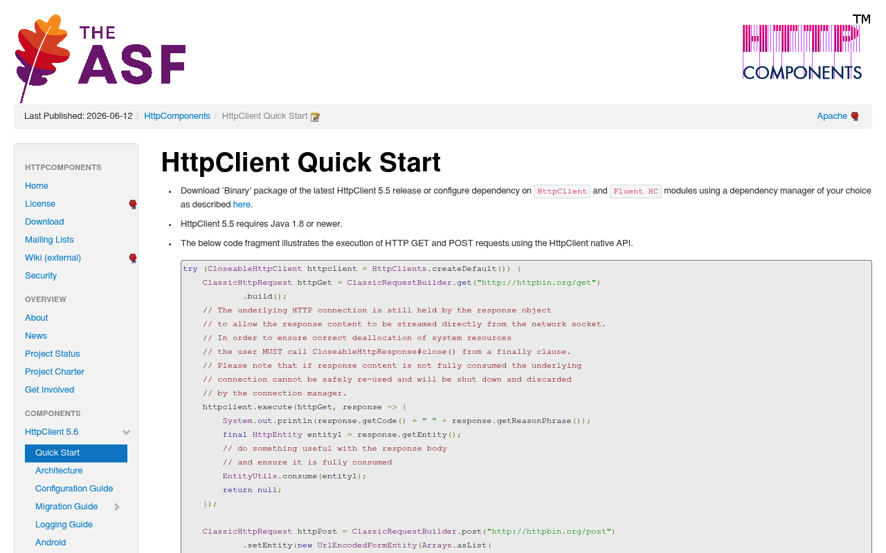 Apache HttpComponents website screenshot