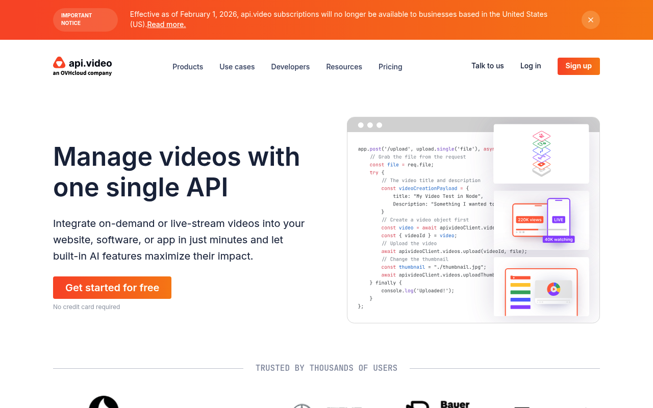 API.Video website screenshot