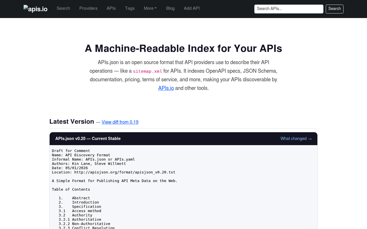 APIs.json website screenshot