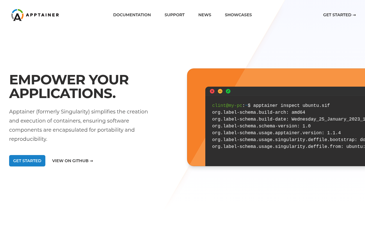 Apptainer website screenshot
