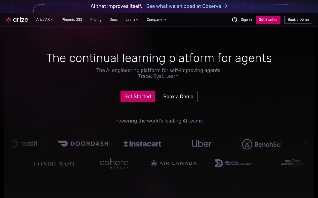 Arize AI website screenshot