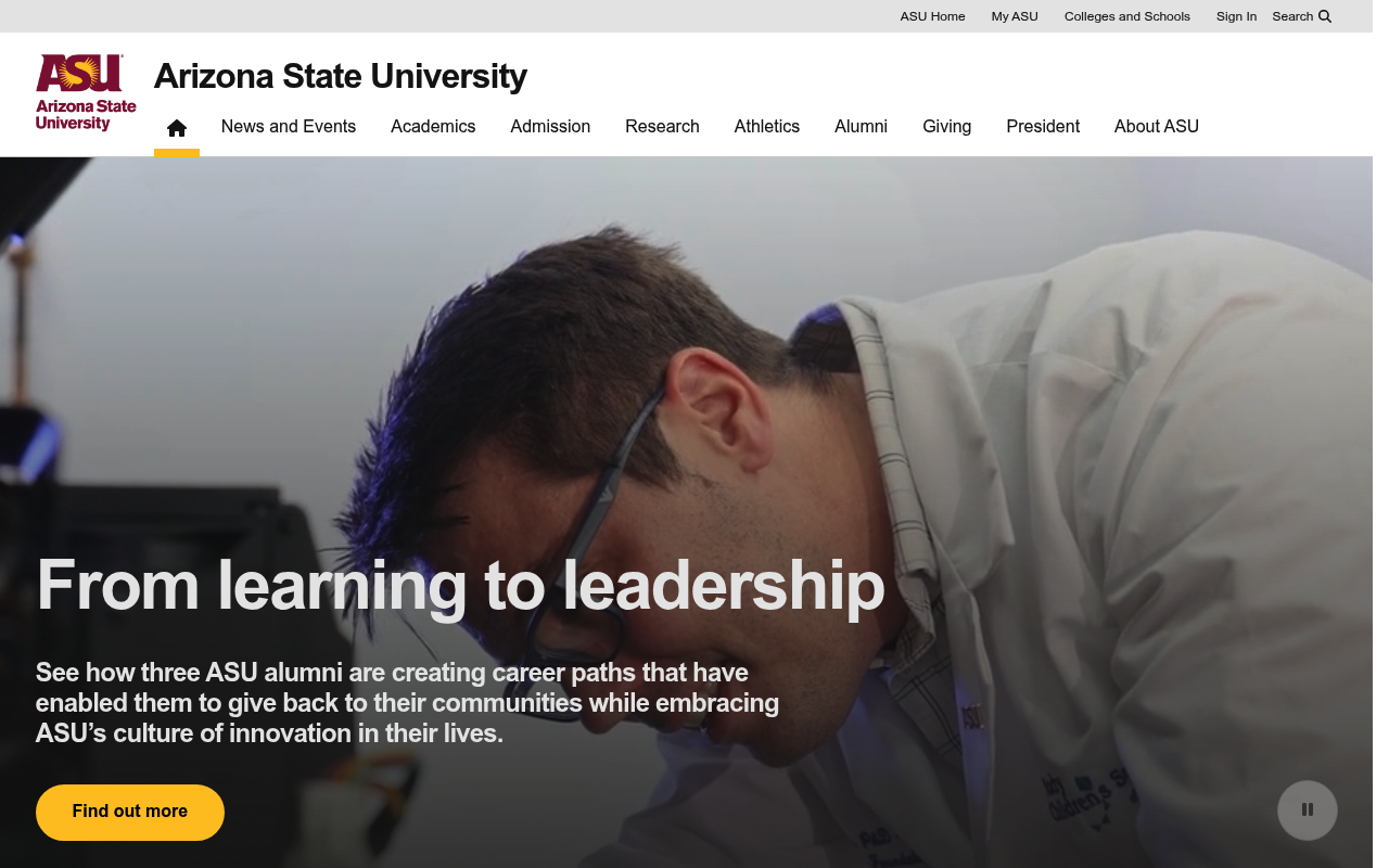 Arizona State University website screenshot