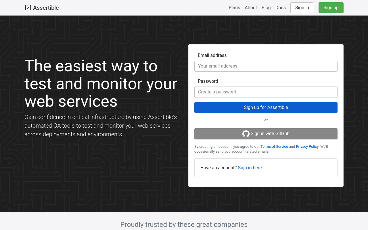 Assertible website screenshot
