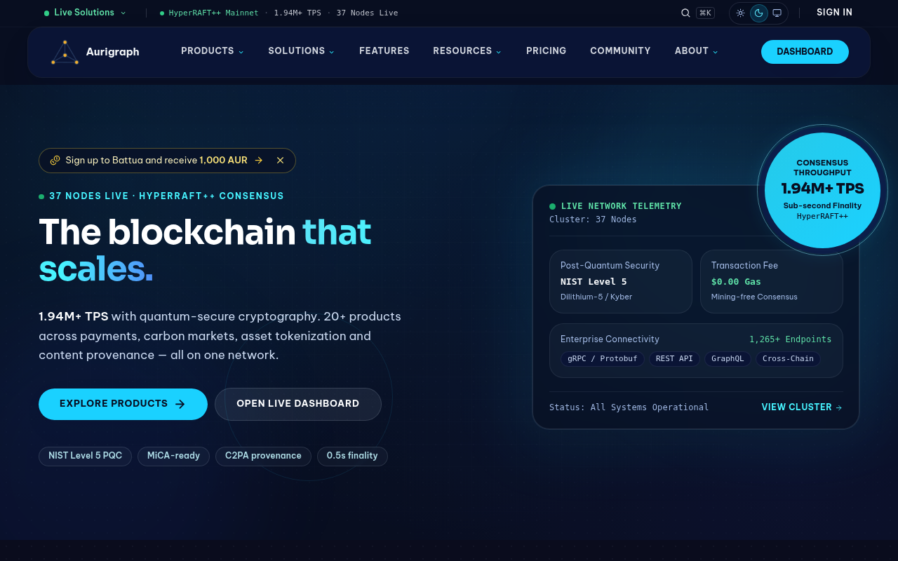Aurigraphdltcorporation website screenshot