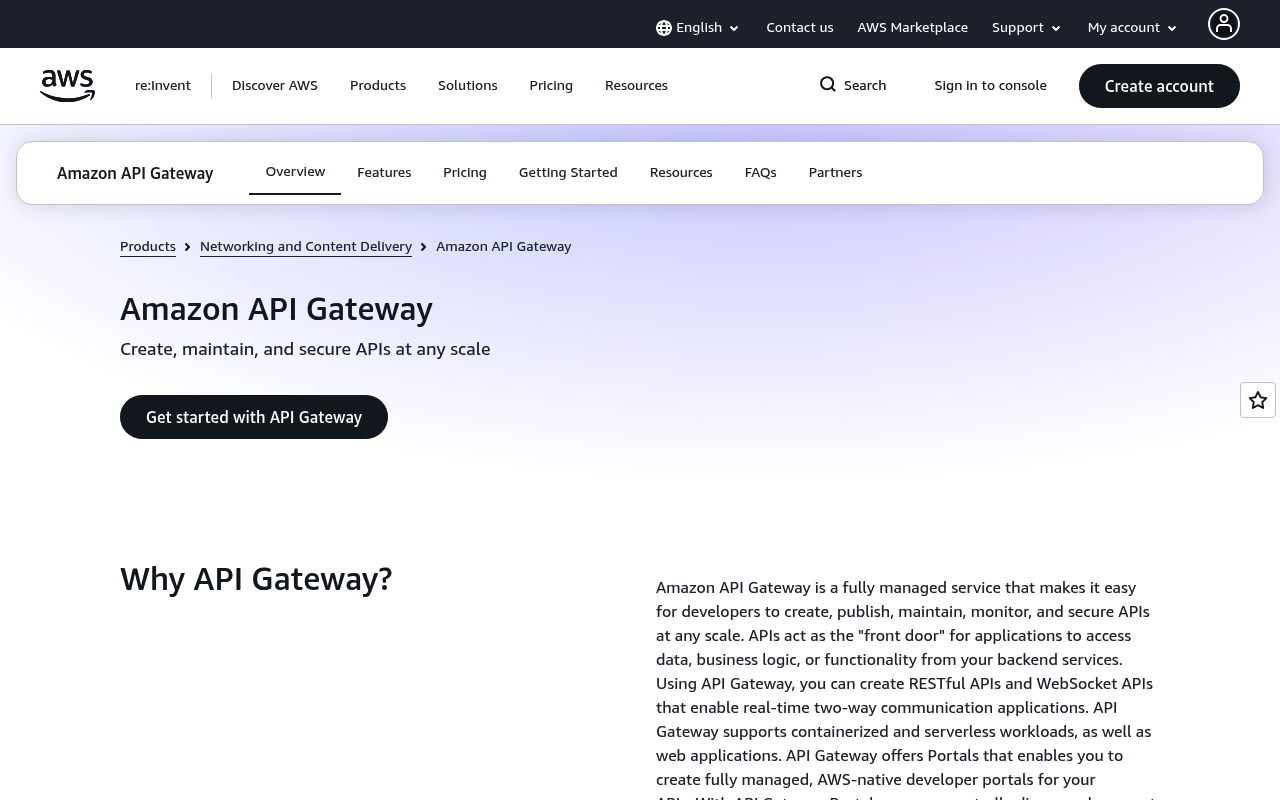 Amazon API Gateway website screenshot