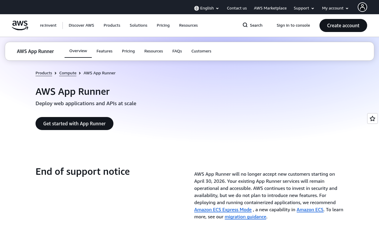 AWS App Runner website screenshot