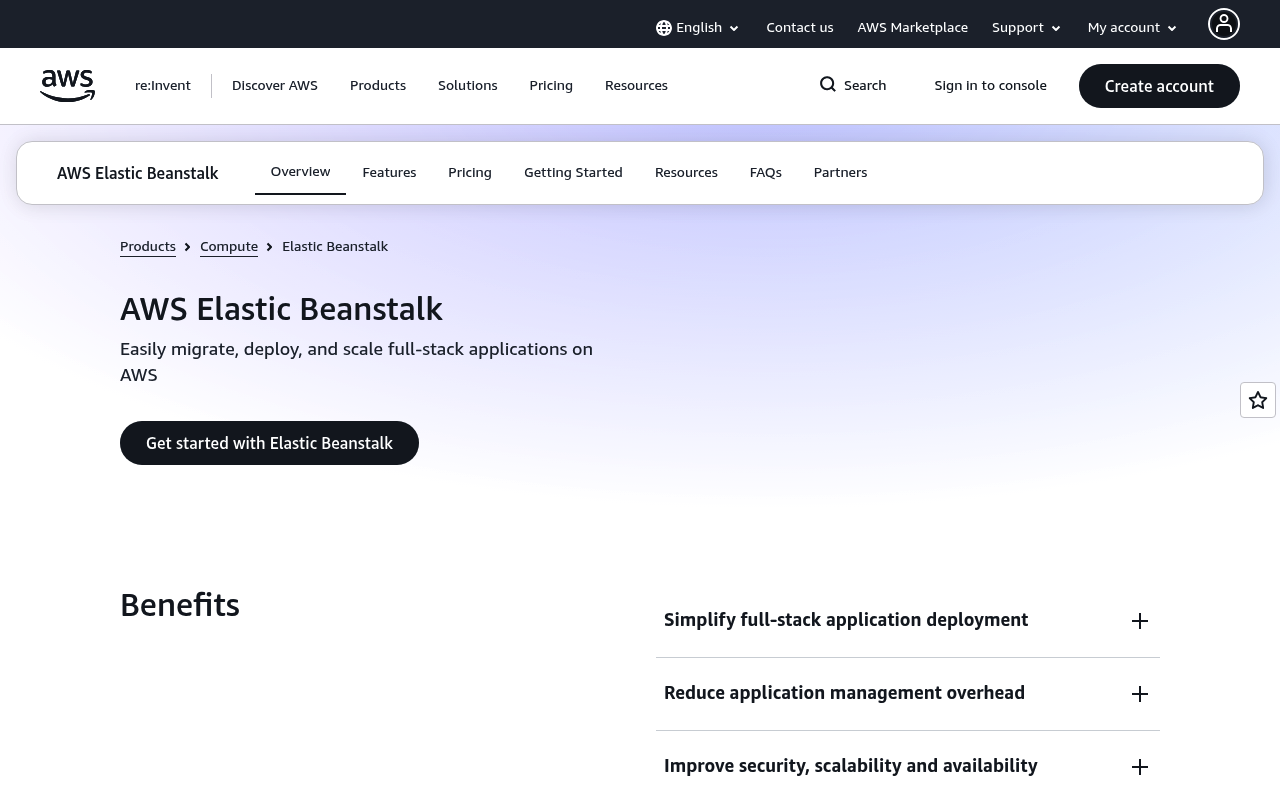 AWS Elastic Beanstalk website screenshot