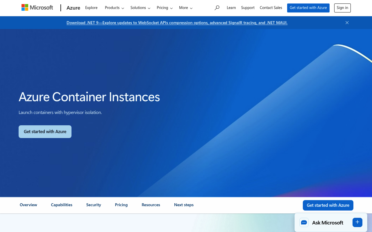 Azure Container Instances website screenshot